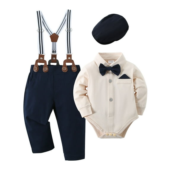 CARETOO Baby Boy Clothes Newborn Infant Outfit Shirt Bowtie Beret Suspender Pant Suit Clothing Set