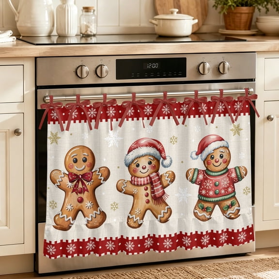 Gingerbread Christmas Oven Skirt Curtain 27"x20",Waterproof Ruffled Stove Cover Skirt with 8 Ribbon Ties,Red Snowflake Golden Winter Xmas Decorative Oven Door Curtain for Kitchen Dishwasher Cabinet