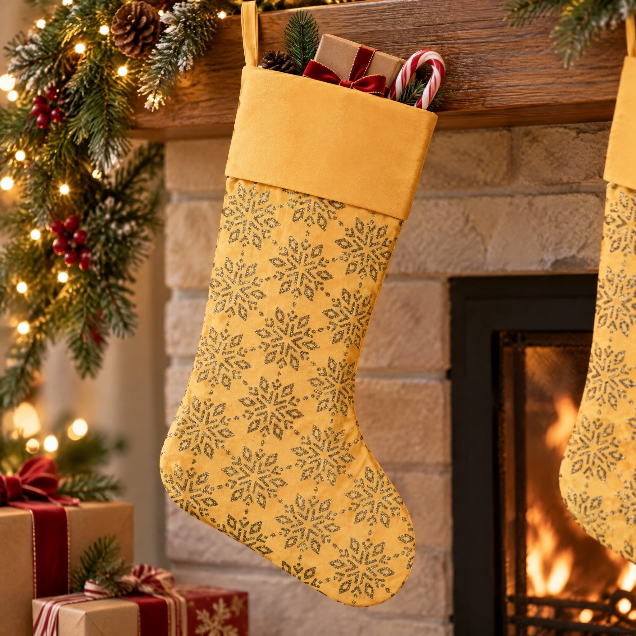 Satin Snowflake Christmas Stocking, Yellow, 18", by Holiday Time