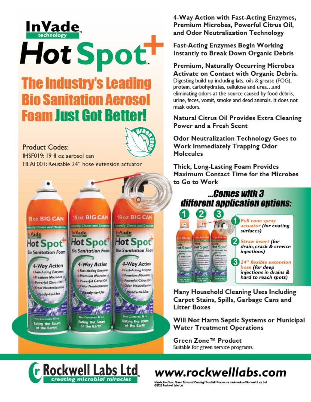 InVade Hot Spot+Plus Bio Sanitation Aerosol Foam - Fast-Acting Enzymes Digest Organic Debris - 19 oz Aerosol Can by Rockwell Labs