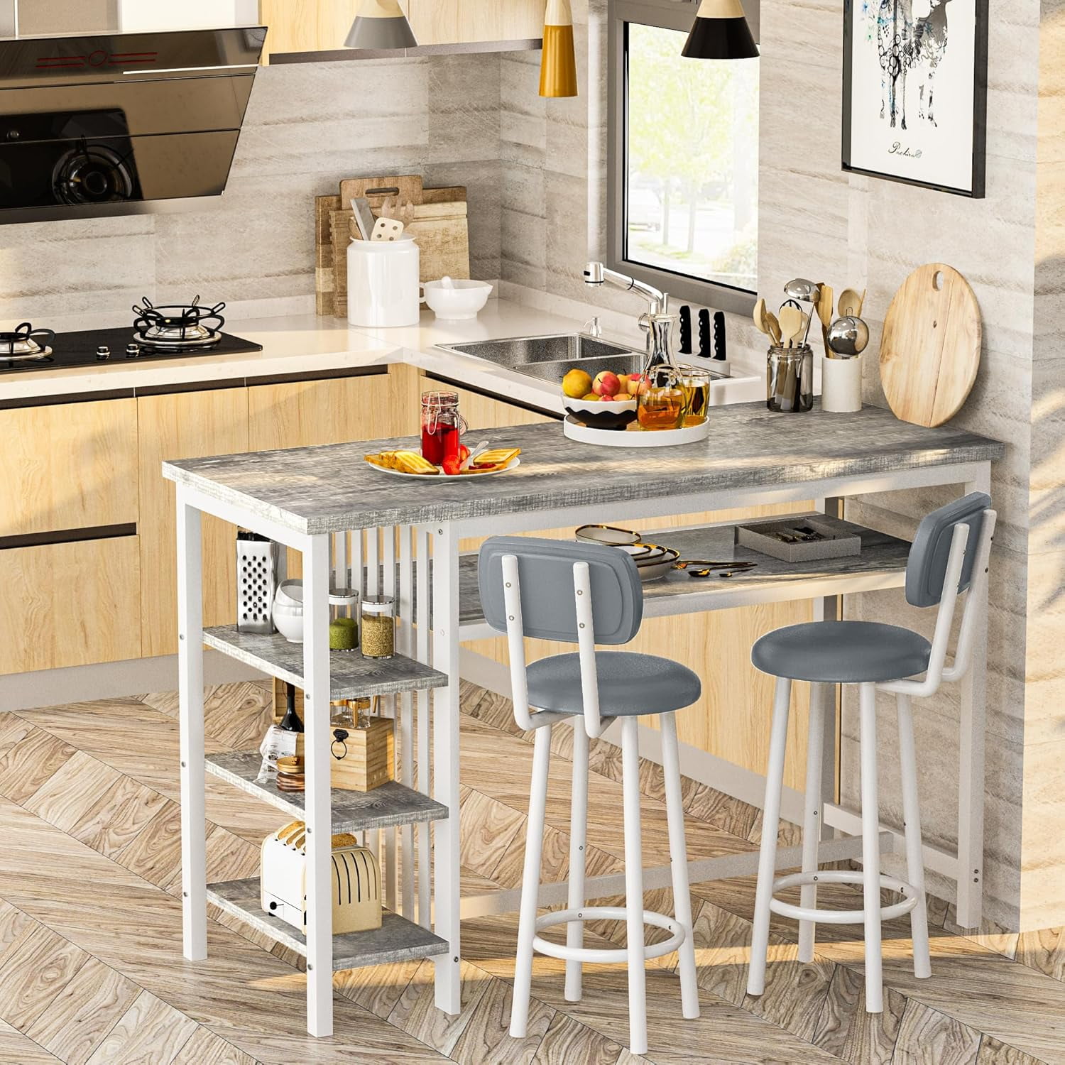 LinkRomat Bar Table and Chairs Set for 2, Marble Kitchen Island Table with 2 PU Bar Stools, Tall Kitchen Table and Chairs with Storage for Small Spaces, Home & Apartment, Gray