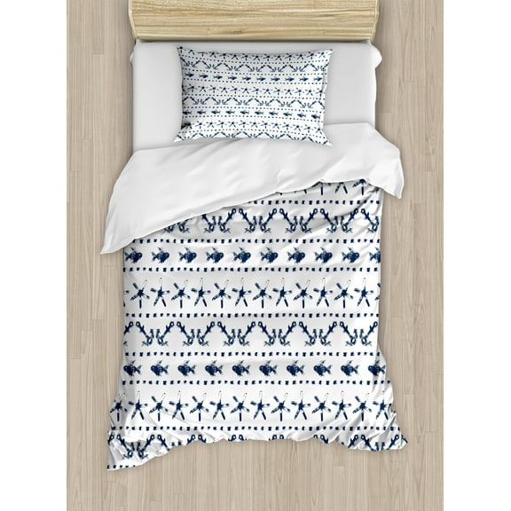 Navy Blue Duvet Cover Set, Illustration Yatch Themed Design Fish Starfish Anchor Nautical Marine Print, Decorative 2 Piece Bedding Set with 1 Pillow Shams, Twin Size, Navy and White, by Ambesonne