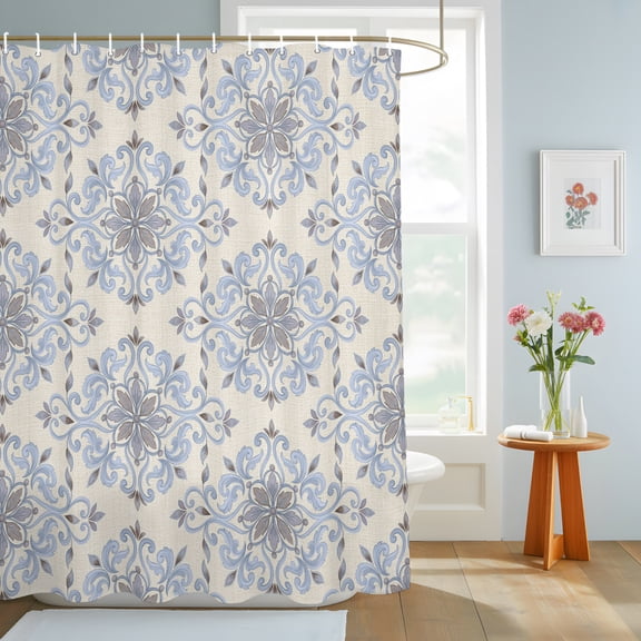 Ornate Mandalas Shower Curtain, Silver Gray Blue Kaleidoscope Shapes Flower Pattern Waterproof Washable Shower Curtain for Bathroom Bathtub Partition Bath Decoration Set with Hooks 36x78in