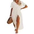 thumbnail image 3 of PENGXIANG Robe de Plage Décontractée pour Femmes Couleur Unie Manches Courtes Boutonnée Col Rabattu Ample, 3 of 4
