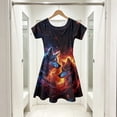 thumbnail image 2 of Girls Short Sleeve A Line Swing Dress Galaxy Wolf All Over Print Soft Stretchy Casual Sundress Kids Daily Outdoor Summer Flared Dress(Black,10-13 Years), 2 of 4