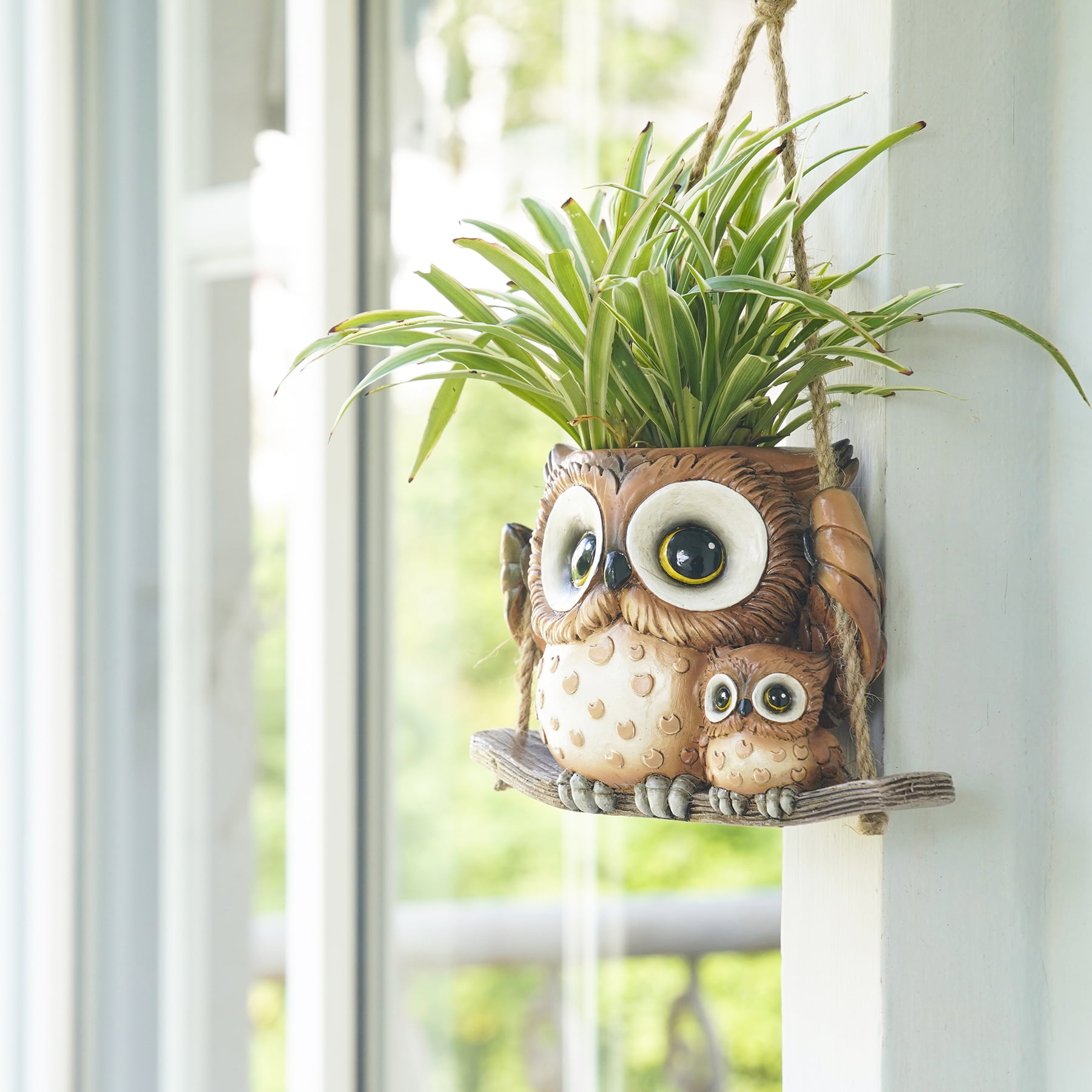 Quoowiit Small Swing Owl Planter Pot,Hanging Planters for Indoor Outdoor Plants with Drainage Holes
