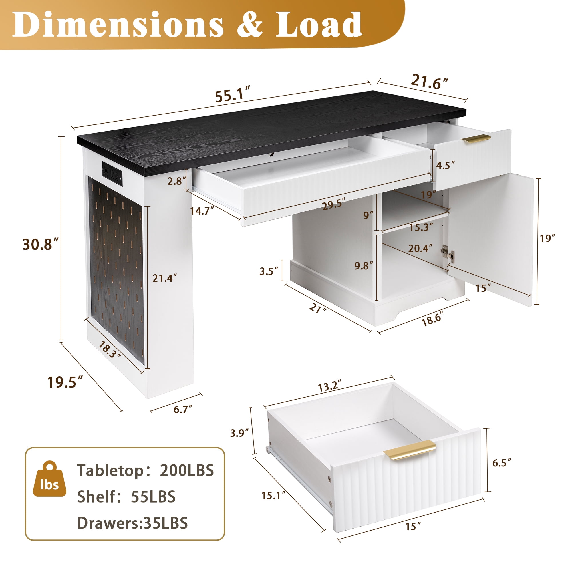 55" Office Desk with Storage Cabinet & Drawers, Computer Writing Desk with Power Outlet, Pegboard, Built-in Shelves and Keyboard Tray for Study, Living Room, Home Office, White