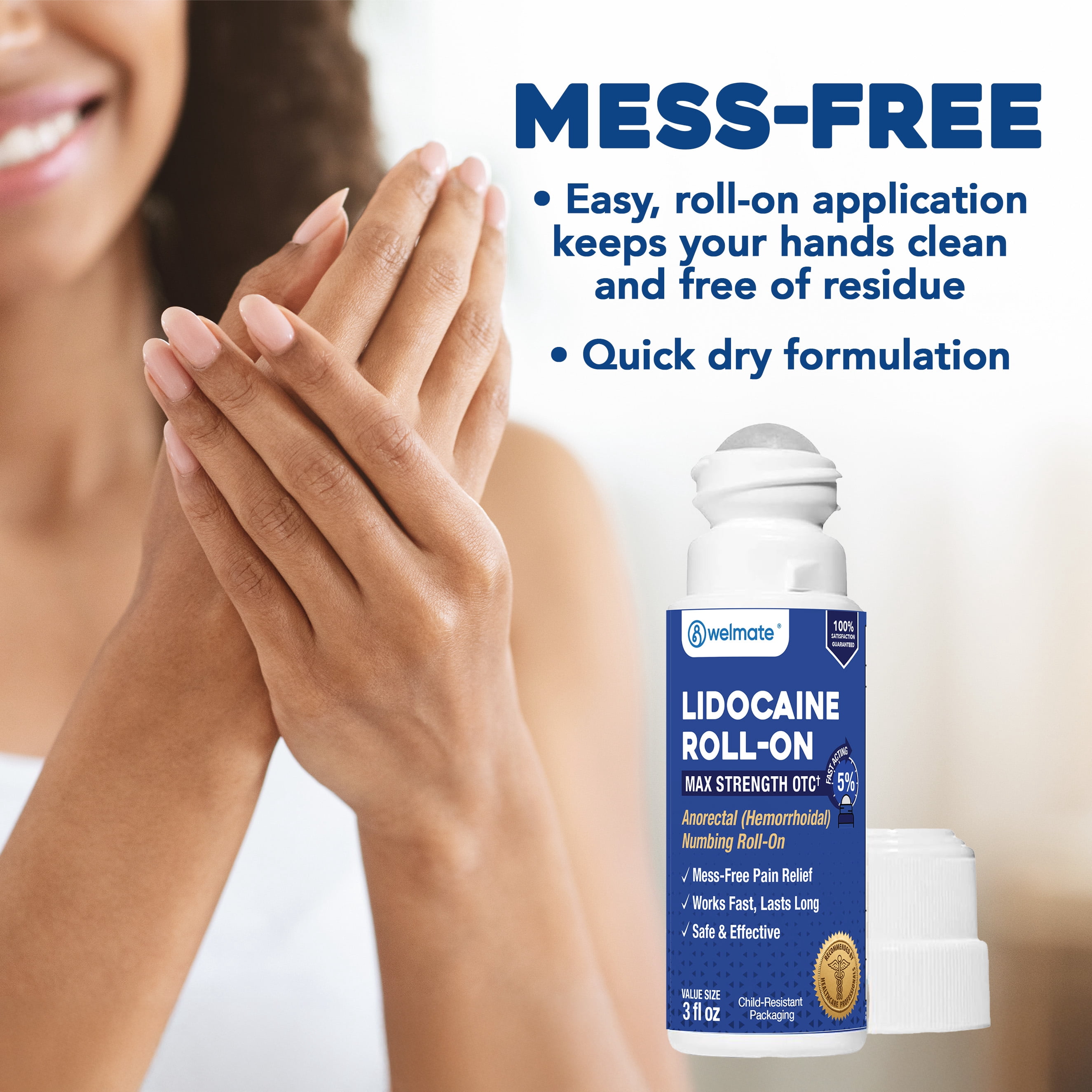 WELMATE 5% Lidocaine Roll-On 3 oz – Fast, Targeted Hemorrhoid Relief – No-Mess Roll-On Application