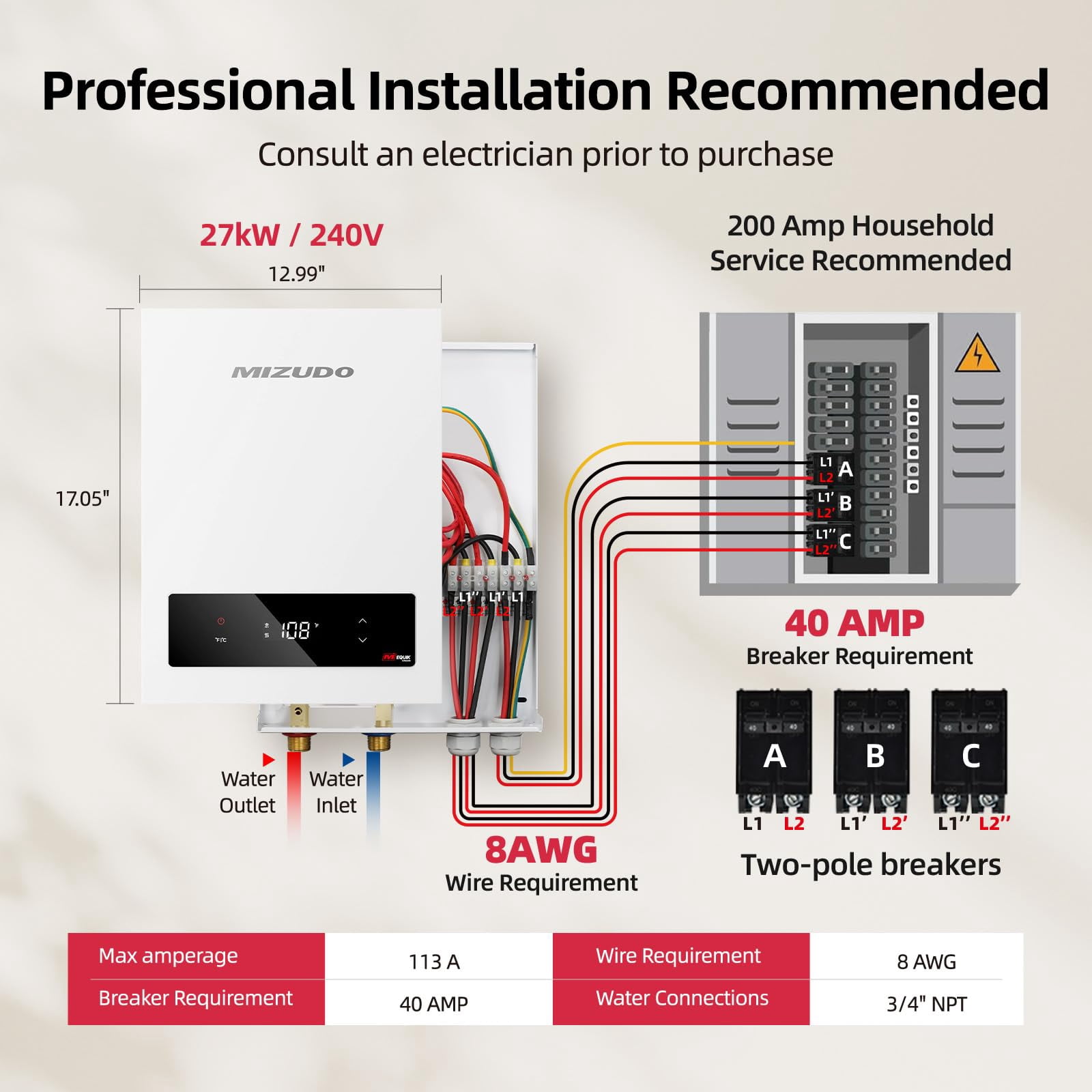 Mizudo EQUIK Classic 27 kW 4.4 GPM 240-Volt Touch Screen Residential Electric Tankless Water Heater