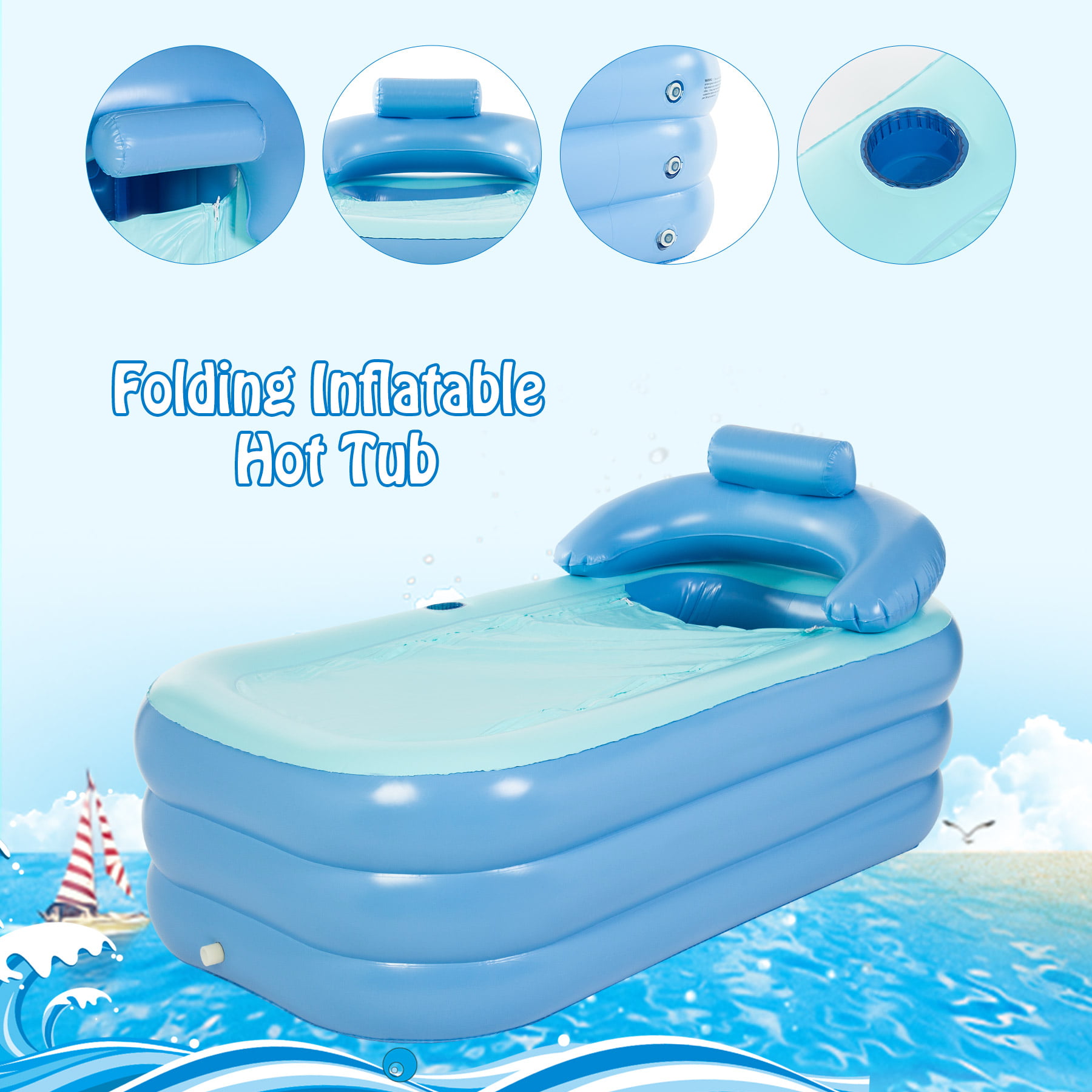 Blue Folding Inflatable Bathtub Adult Inflatable Spa PVC Folding Portable Bath Tub Warm Soaking Bathtub Large for Home Bathroom Children Kid,Baby,Old People Shower