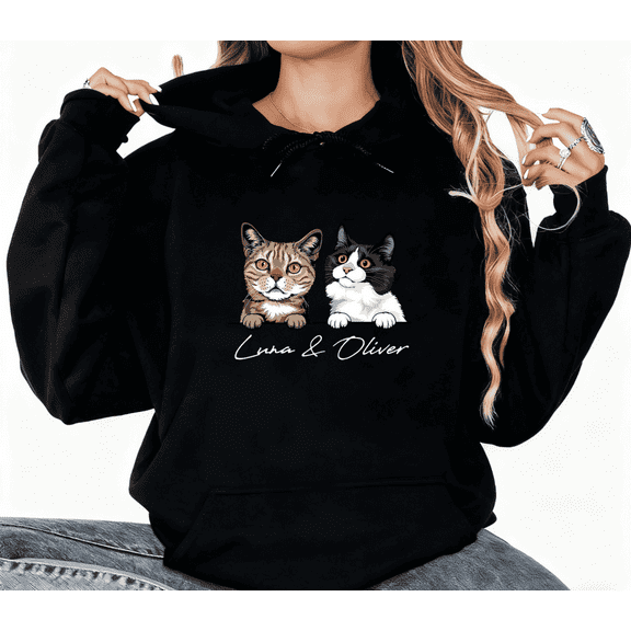 Personalized "Luna & Oliver" Cat Graphic Tee T-Shirt Print Top Breathable Hooded long-sleeved Black S-2XL