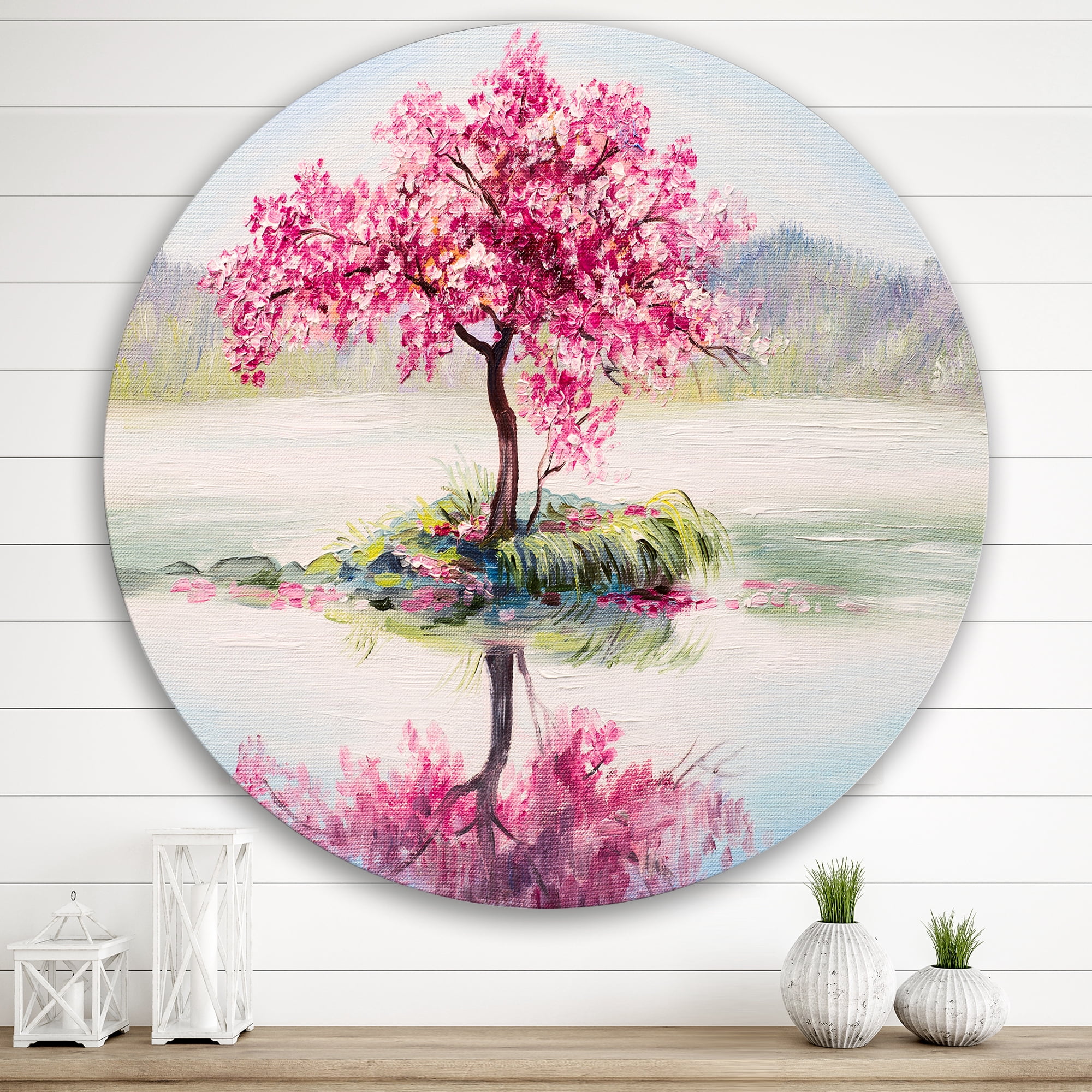 Designart 'Oriental Cherry Pink Tree Sakura On The Lake' Lake House Circle Metal Wall Art 36x36 - Disc of 36