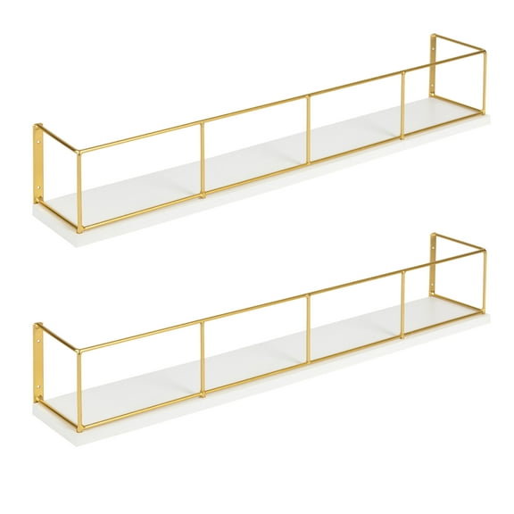Kate and Laurel Benbrook 24 inch 2-Pack Wood and Metal Floating Wall Shelves, White and Gold