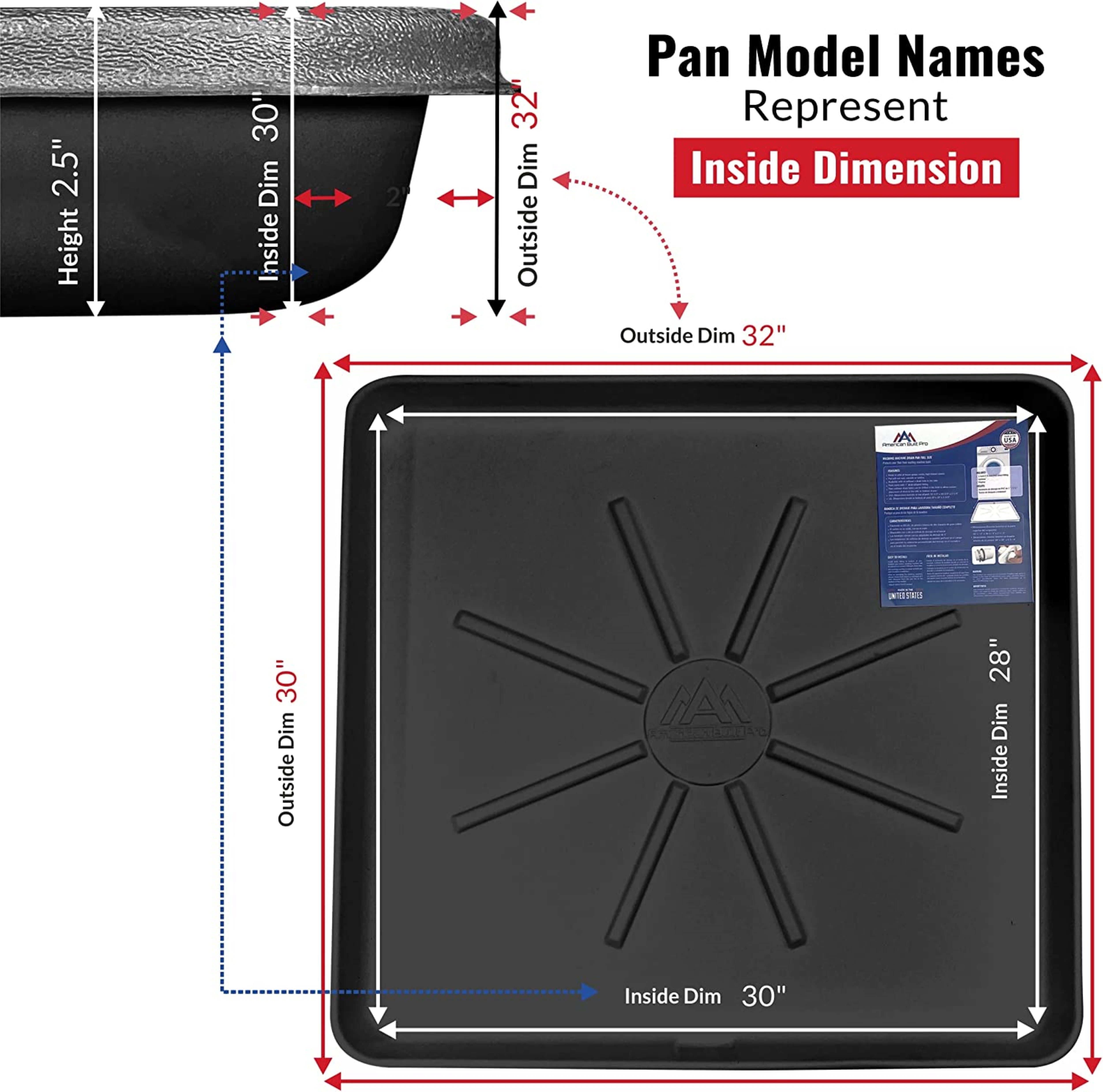 American Built Pro Washing Machine Pan Undrilled Anti Flood Pan Comes With 1" Drain Adapter Fitting Black Color Drain Pan Made of Recycled Plastic Protects Floor From Water Damages - Pack of 1