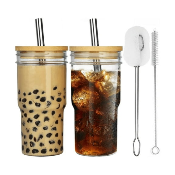 YFLXDMLYYSC Glass Cups With Lids And Glass Straws, 24OZ Drinking Glasses 2Pcs, High Borosilicate Glass Tumbler Iced Coffee Cup Water Glass Cups