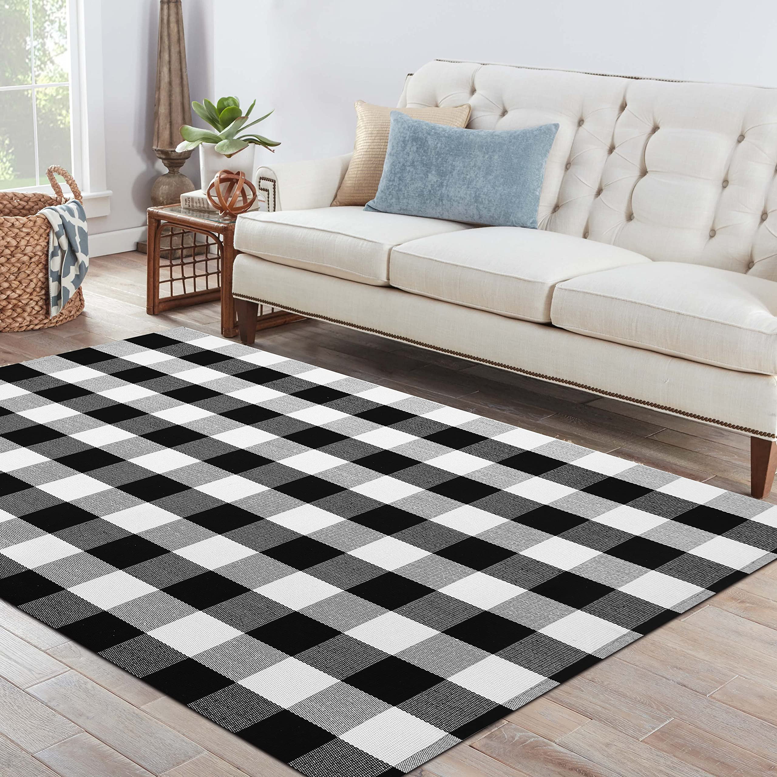 YiYan1 Cotton Buffalo Plaid Rug 4'x 6' Gray and White Hand Woven Checked Rug  Washable Doormats Indoor Outdoor Rugs for Layered Front Door Mats, Porch,  Kitchen, Farmhouse, Entryway