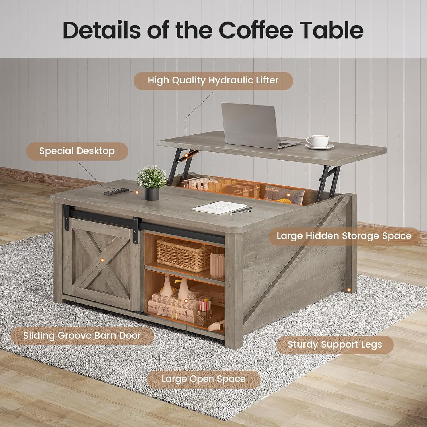 31.5" Square Lift Top Coffee Table, Farmhouse Coffee Table with Ample Storage, Wood Center Table with Sliding Doors and Large Hidden Space for Living Room Home Office, Grey