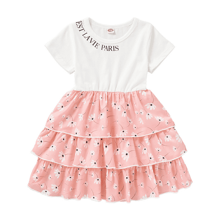 

Kucnuzki Toddler Baby Girl Clothes 4T Summer Dress 5T Short Sleeve Solid Color Upper Daisy Prints Ruffles Cake Layer Dress Pink