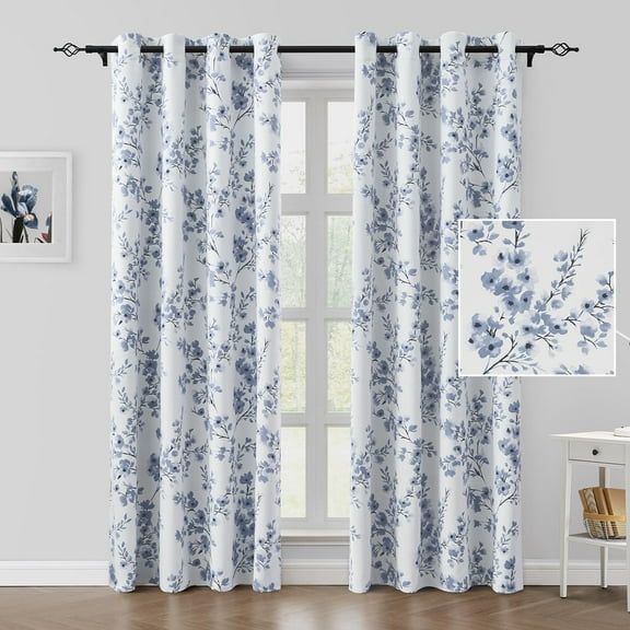 Grey Blue Floral Blackout Curtains, Long Room Darkening Flower Grommet Drapes for Living Room, Bedroom 42"W x 63"L (Pack of 2)