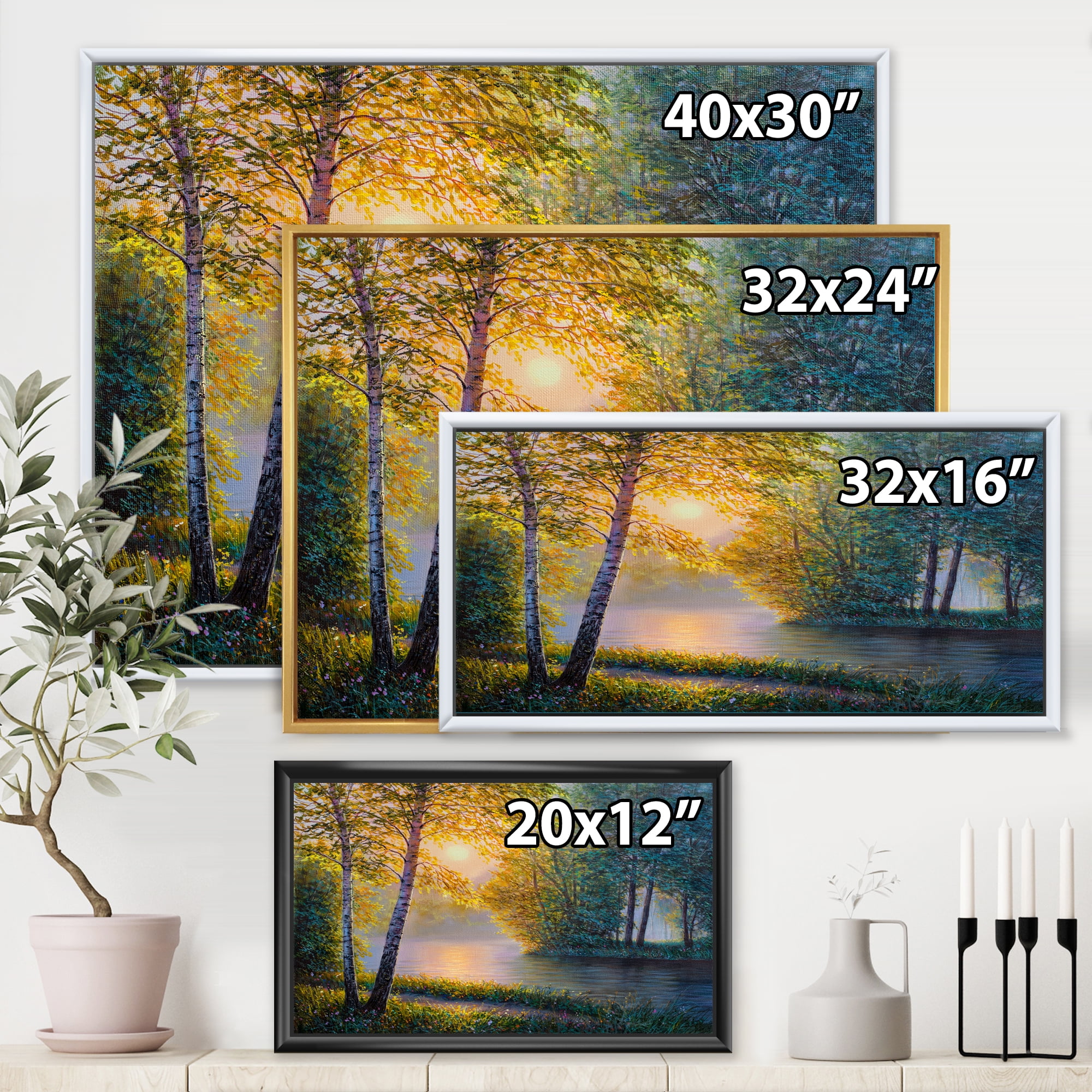 Designart 'Sunrise Summer With Beautiful River Spring Forest' Lake House Framed Canvas Wall Art Print
