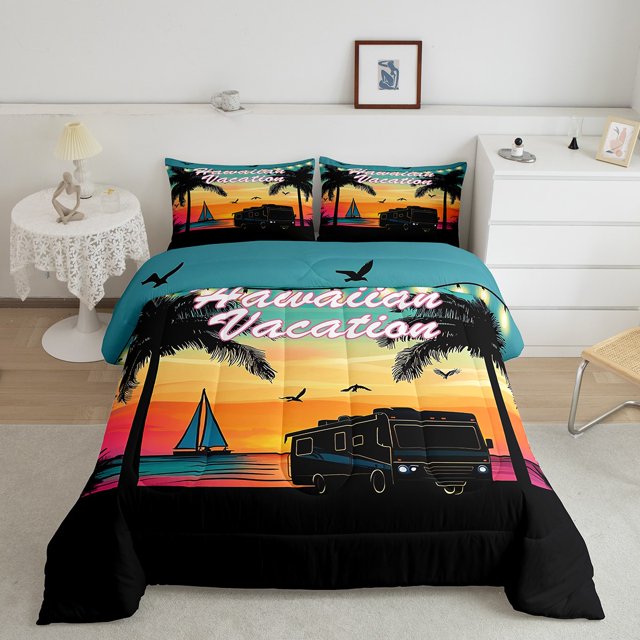 Erosebridal Beach Camping Bedding Sets King with Comforter, RV Car Duvet Insert, Sailboat Ocean Decor, Reversible 3 Pieces