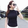 thumbnail image 2 of JANDEL Women Summer Half High Collar Solid Color Loose Short Sleeve Casual T-Shirt Simple Wild Tops, Black L, 2 of 6