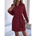 thumbnail image 4 of Women'S Collar V Neck Button Down Pleated Long Sleeve Mini Shirt Dress with Belt Wine Red L, 4 of 8