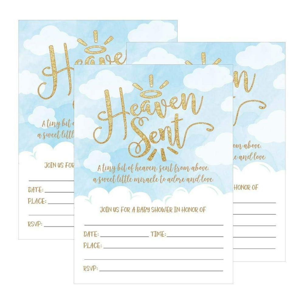 25 Blue Gold Boy Heaven Sent Clouds Baby Shower Invitations, Cute