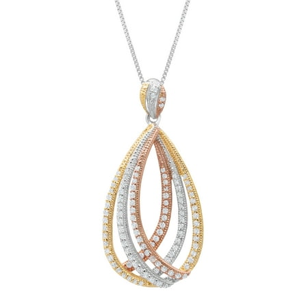 Layered Oval Pendant Necklace with Cubic Zirconia in 14kt Three-Tone Gold-Plated Sterling Silver
