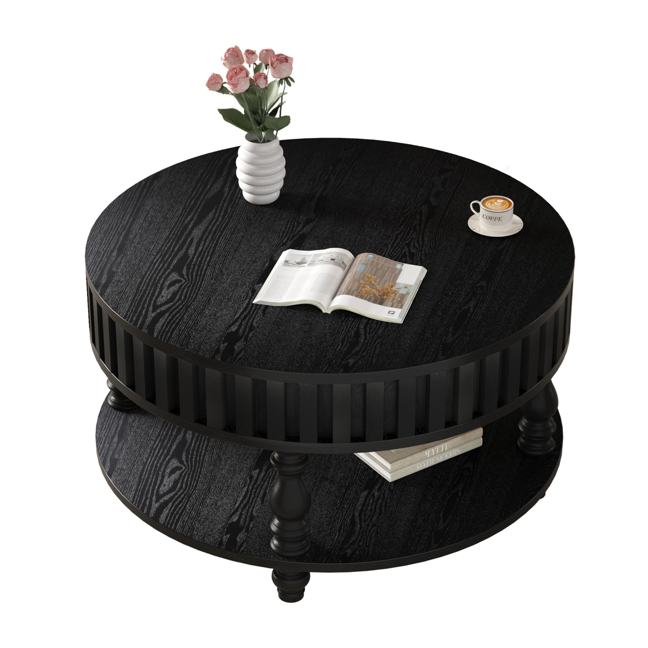 Noble house Farmhouse Fluted Coffee Table with Flip-Top Storage, Solid Wood Legs,Black