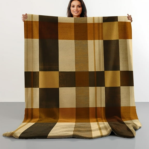 Cozy Plaid Harmony Printed Throw Blanket - Plush Lightweight Flannel, Earthy Brown/Black/Beige/White/Gray Retro Checkered Design, All-Season Couch Bed Office Travel Camping Blanket, Great Gift