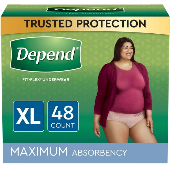 Depend Fit-Flex Women's Maximum Incontinence Underwear, XL, Light Pink, 48 Count