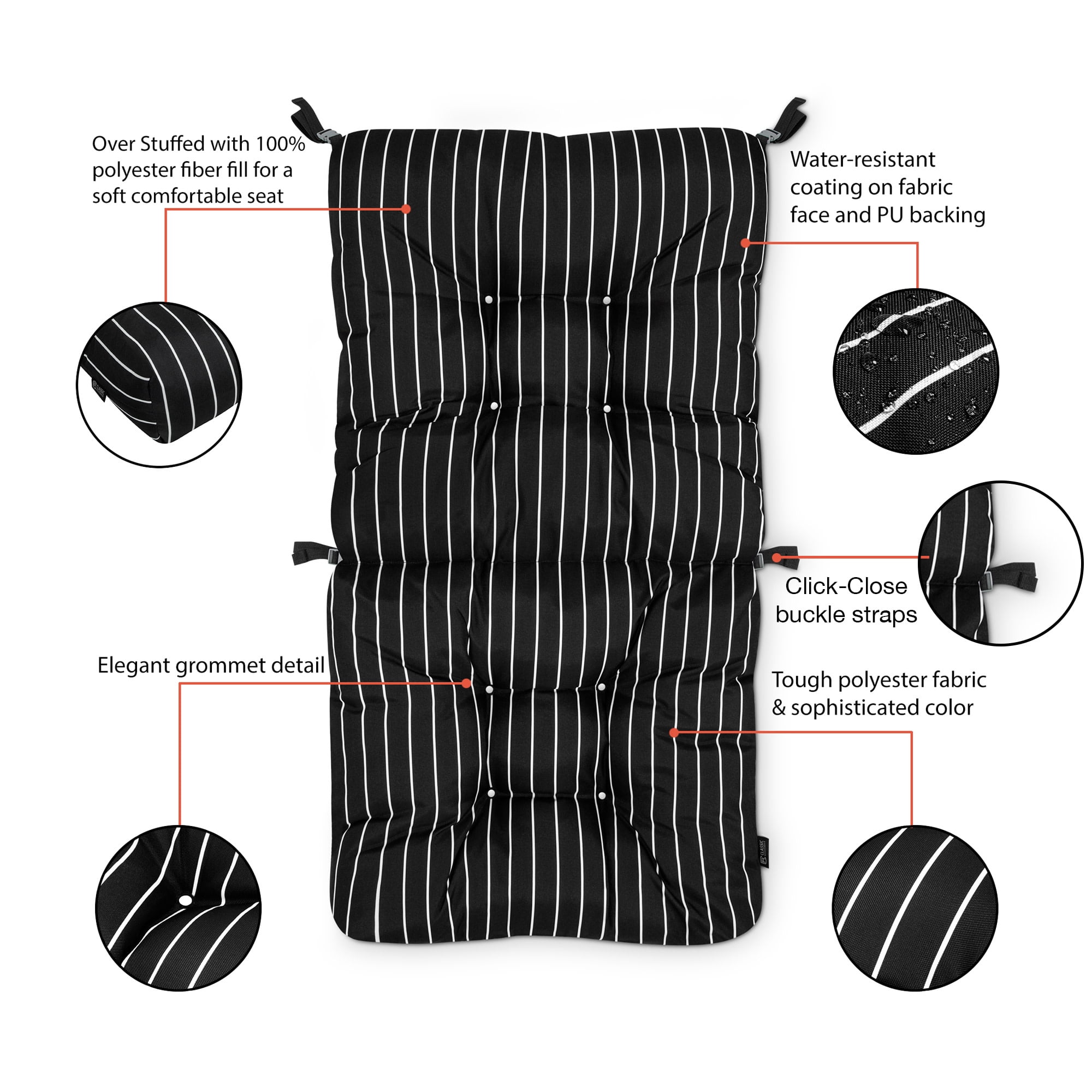 Patio Chair Cushion, Black Ink, Stripe, 21”W x 19”D (seat) x 22.5”H (back)