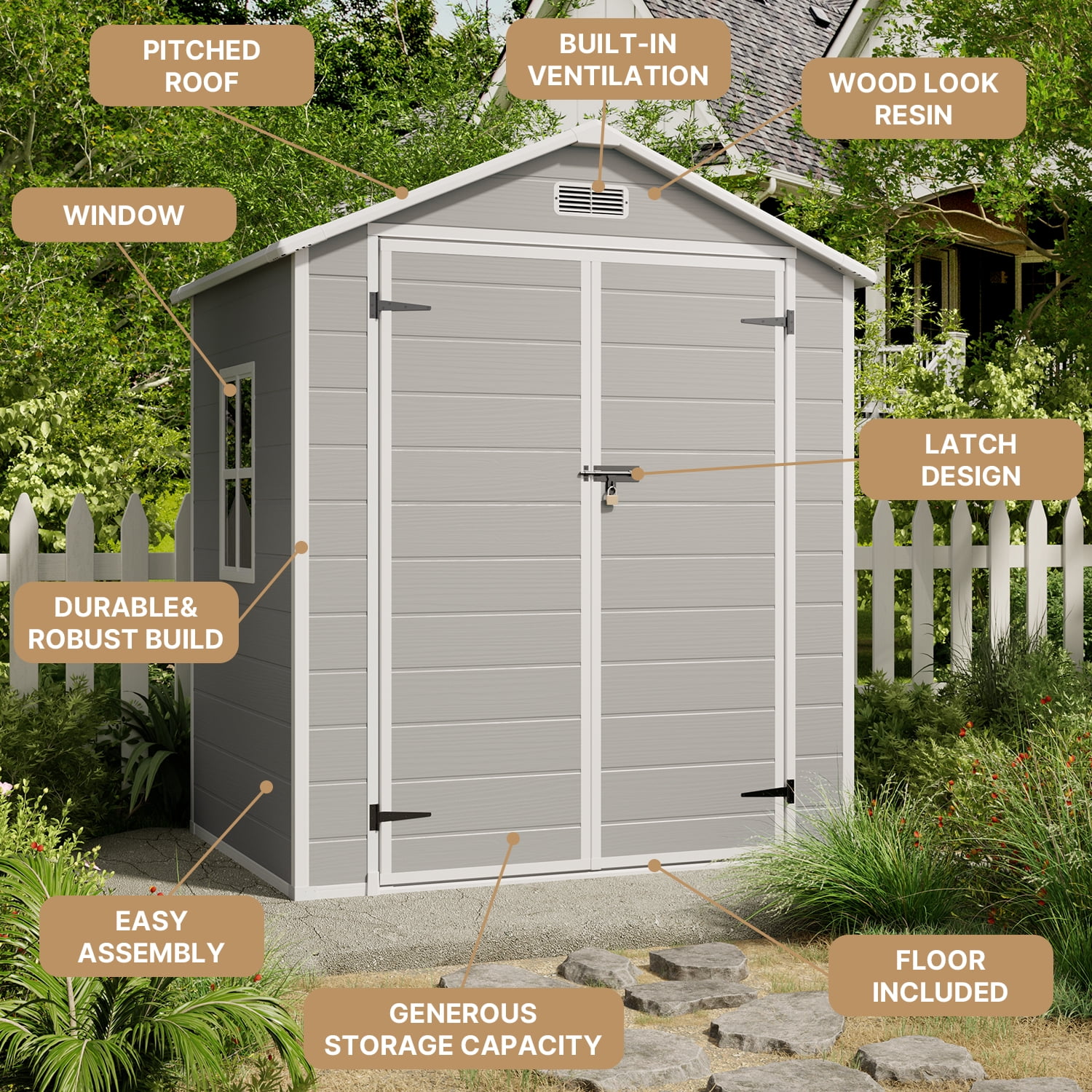 Jolifa 6x4 ft Resin Outdoor Storage Shed with Reinforced Floor & Window, Heavy Duty Garden Shed & Tool Shed, Weatherproof Backyard Storage for Patio Furniture & Lawn Equipment