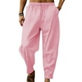 thumbnail image 1 of MAWCLOS Mens Trousers Elastic Waist Linen Pants Solid Color Summer Pant Fitted Jogger Drawstring Bottoms Pink L, 1 of 2