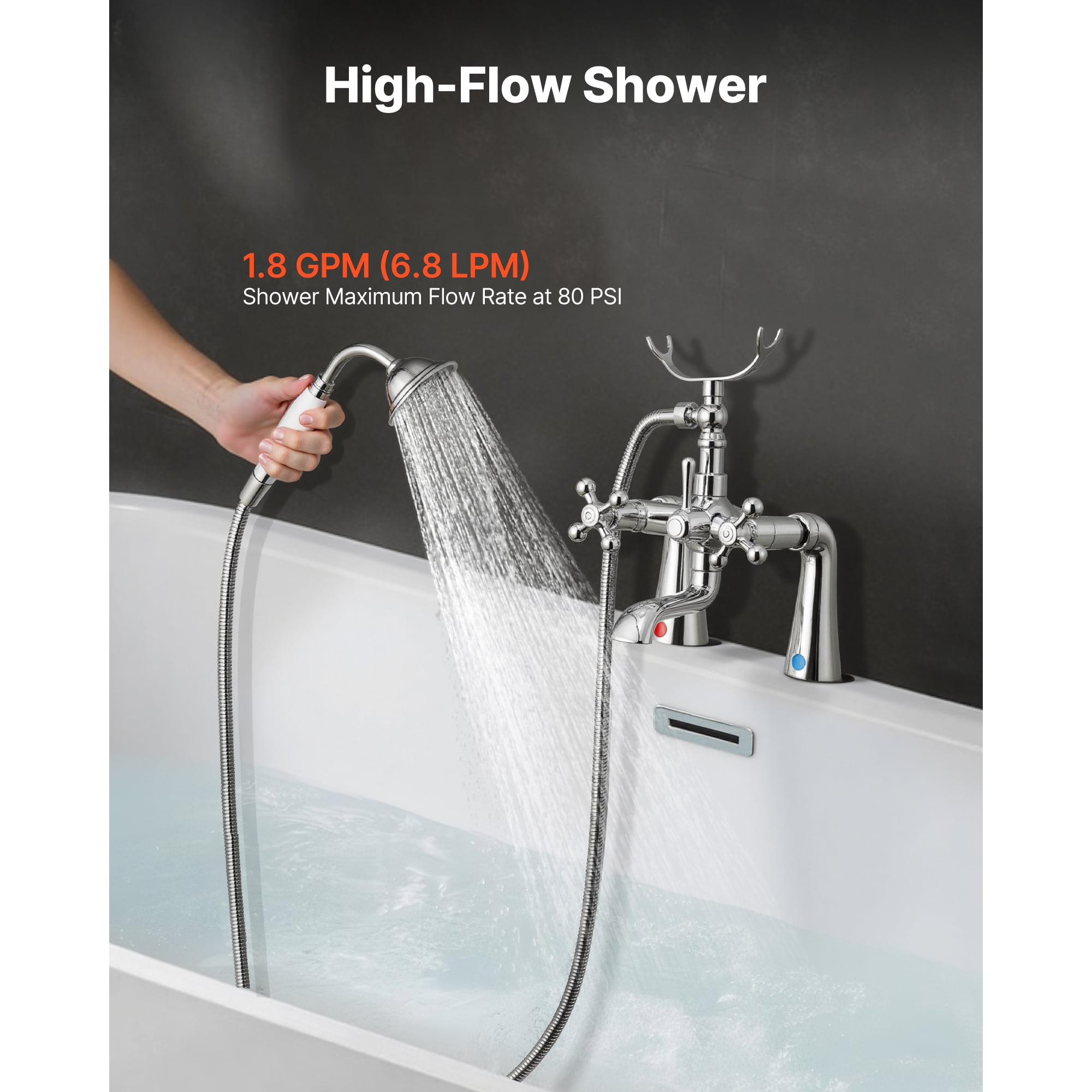 KFFKFF Clawfoot Tub Faucet, Deck-Mounted Bathtub Faucet with Handheld Shower, Classic Polished Chrome Tub Filler with 360° Swivel Spout & 59-Inch Hose for Bathtubs