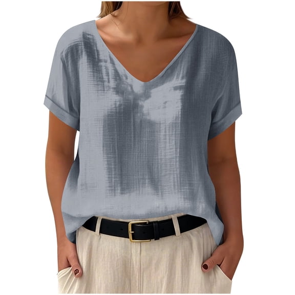 Women Linen Tops Short Sleeve Dressy Casual V Neck Shirts 2026 Summer Business Work Blouses Outfits Clothing Linen Blouses For Women
