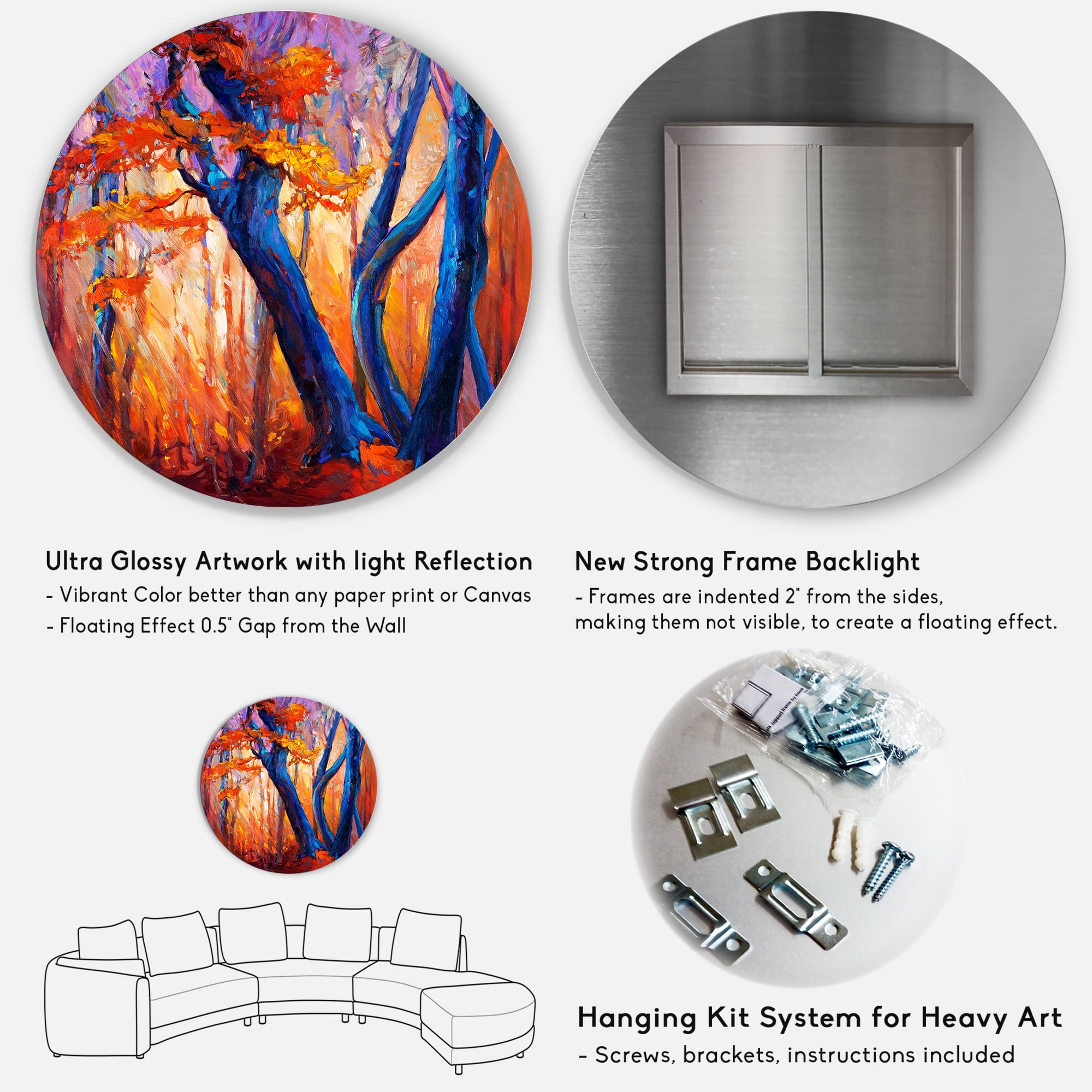 Designart 'Abstract Blue Silhouettes Of Trees In Orange Autumn Forest' Farmhouse Circle Metal Wall Art 36x36 - Disc of 36
