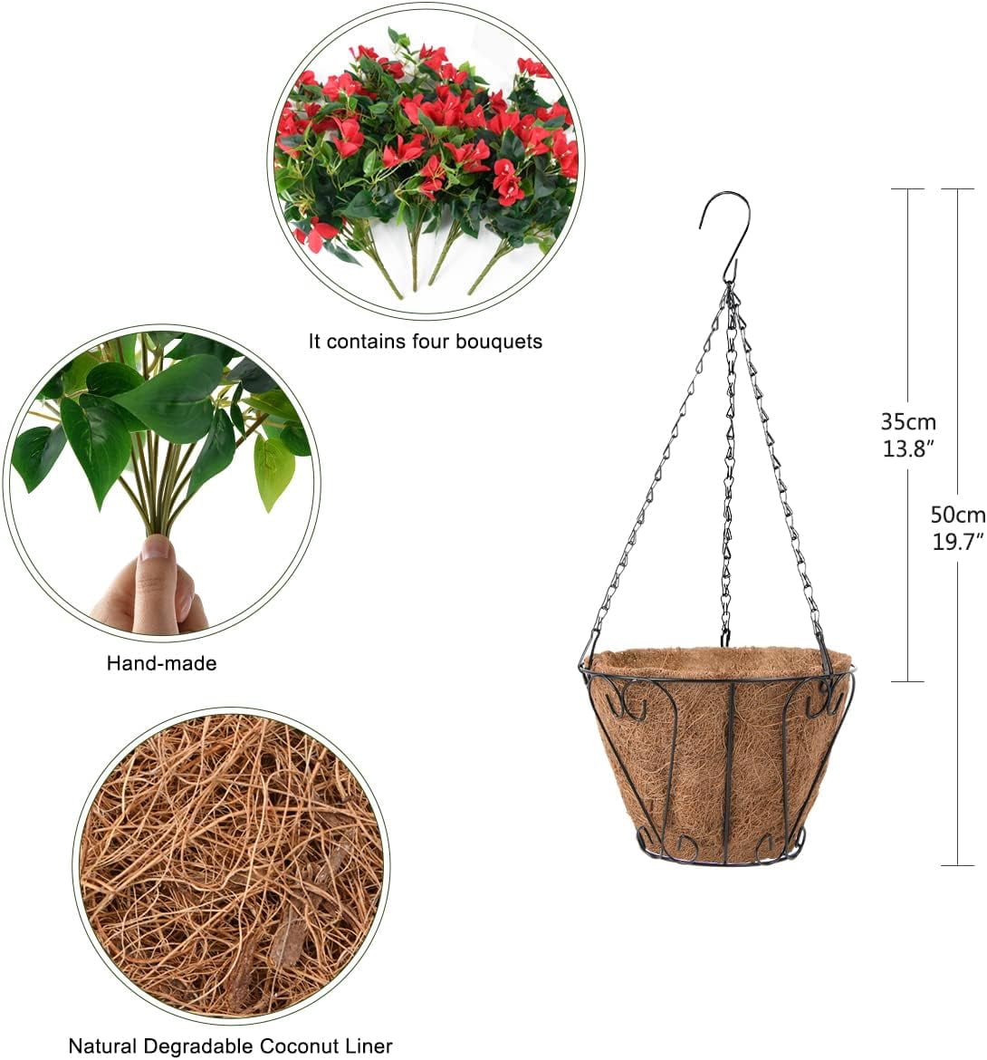 Artificial Flowers Hanging Basket,Bougainvillea Silk Vine Flowers for Outdoor/Indoor, 0Inch Coconut Lining Flower Pot with Hanging Plant for Patio Lawn Garden Decor (Purple)