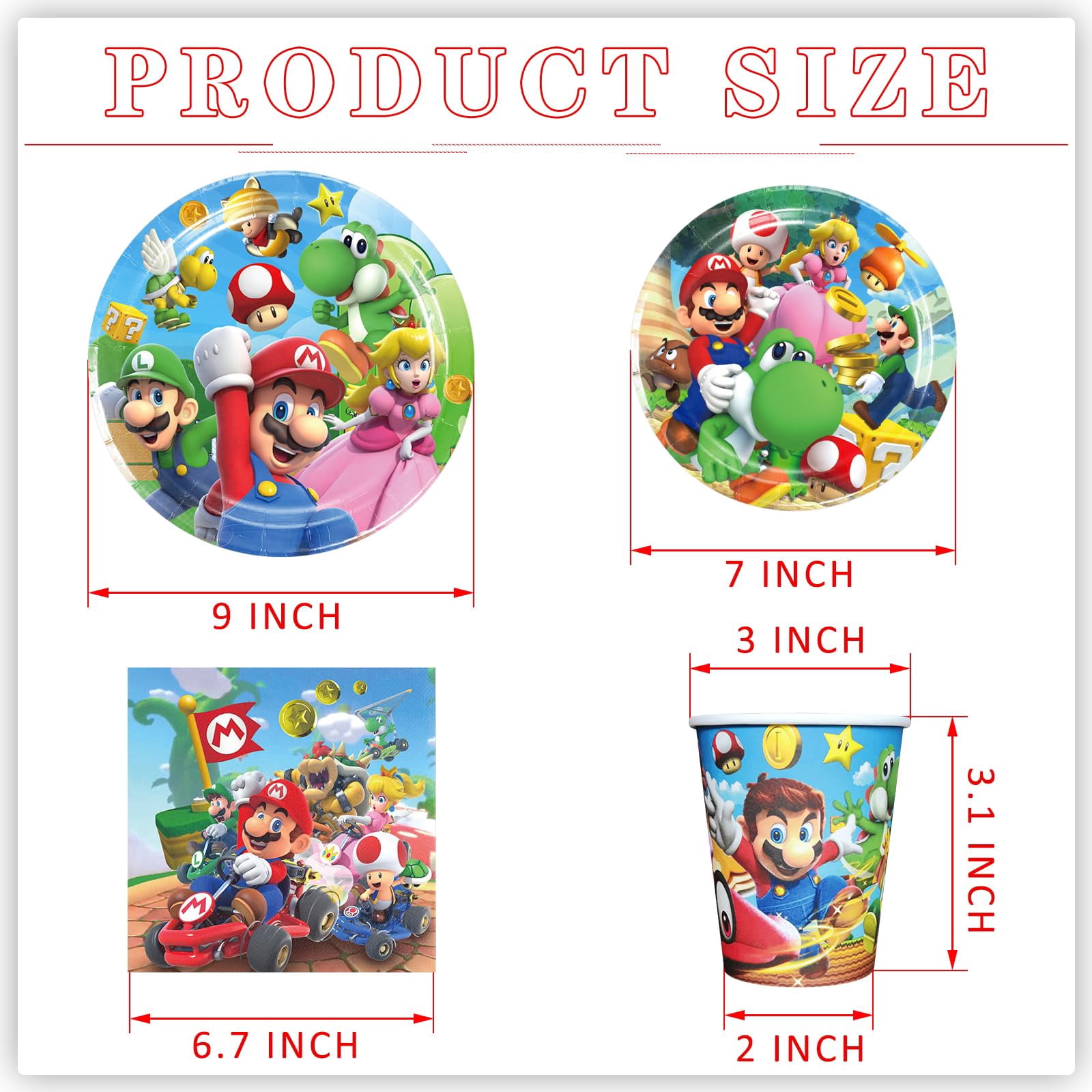 60 PCS Mario Tableware Sets, Birthday Party Supplies Paper Plates and Napkins Set Includes 20 PCS Plates, 20 PCS Napkins and 20 Paper Cups for Mario Party Decorations