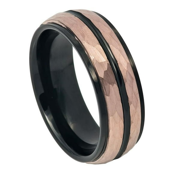 8mm Tungsten Carbide Two-tone Black IP Inside Rose Gold IP Hammered Finish with Black IP Center Groove Stepped Edge Wedding band Ring for Men and Ladies