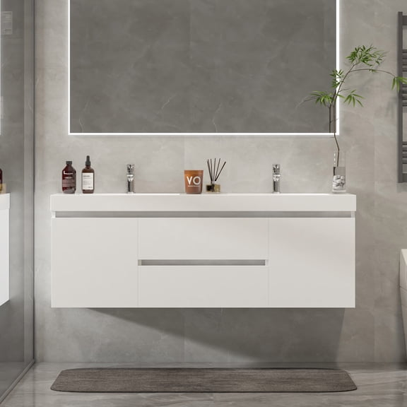 Vanity Art 60" Double Sink Wall Mount Bathroom Vanity Set Engineering Stone Top High Glossy Finish