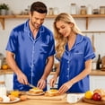 thumbnail image 7 of （Mens） Lightweight Summer Couple Satin Silk Button Down Short Sleeve Top Casual Shorts Matching His Hers Outfit Blue S, 7 of 7