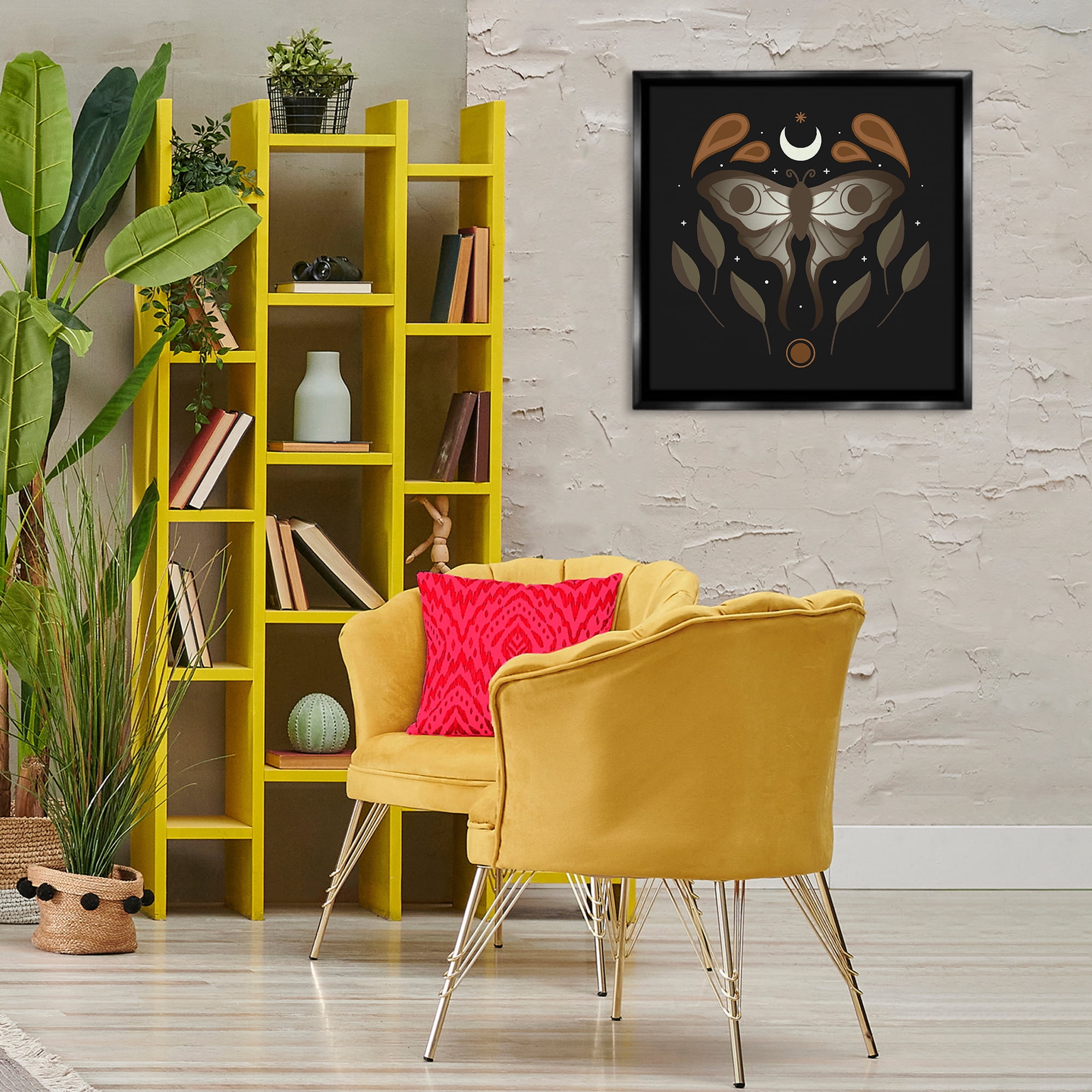 Stupell Industries Celestial Moth & Leaf Sprigs Animals Painting Black Floater Framed Canvas Art Print Wall Art, 25 x 25