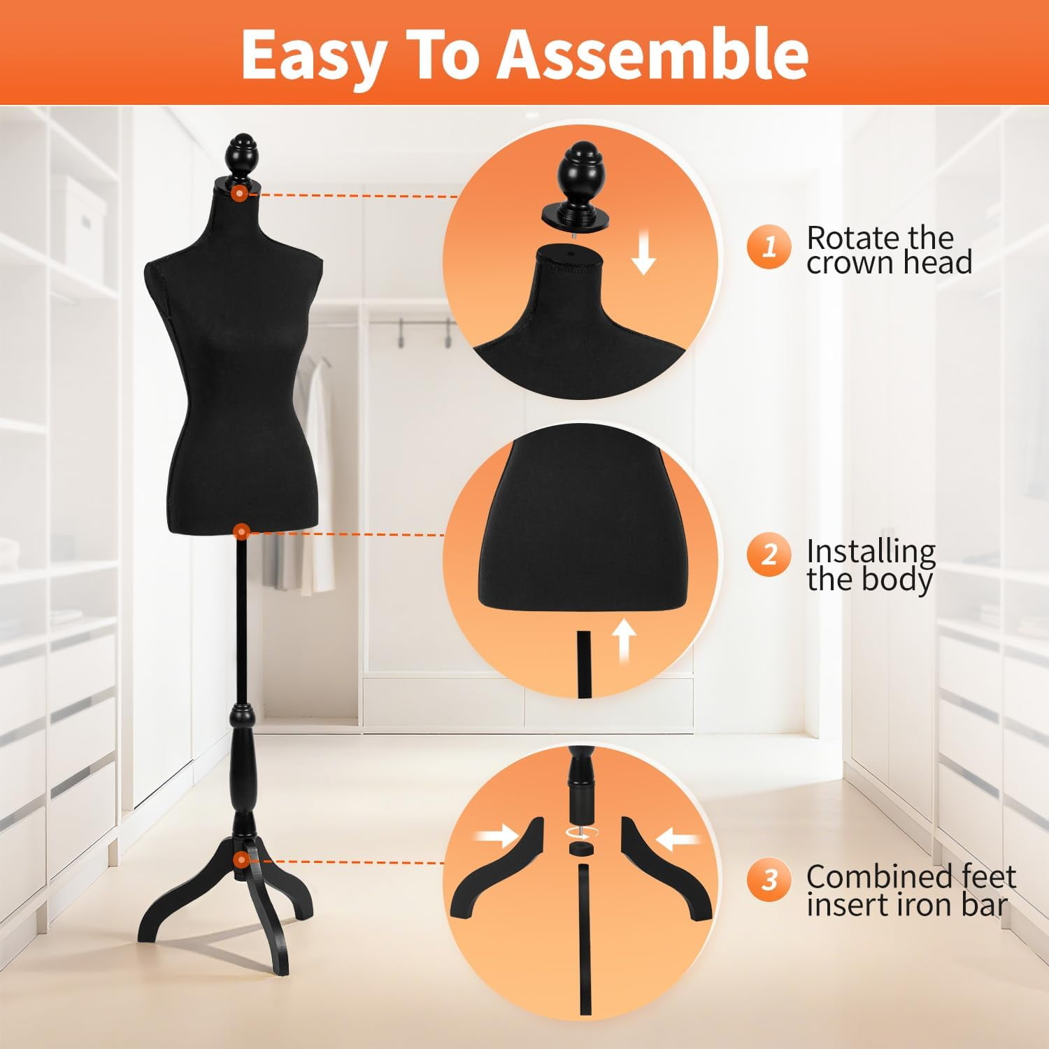 Dkelincs Female Mannequin Torso 60"-67" Height Adjustable Manikin Dress Form Model with Wooden Tripod Stand for Clothes, Jewelry Display (Black)