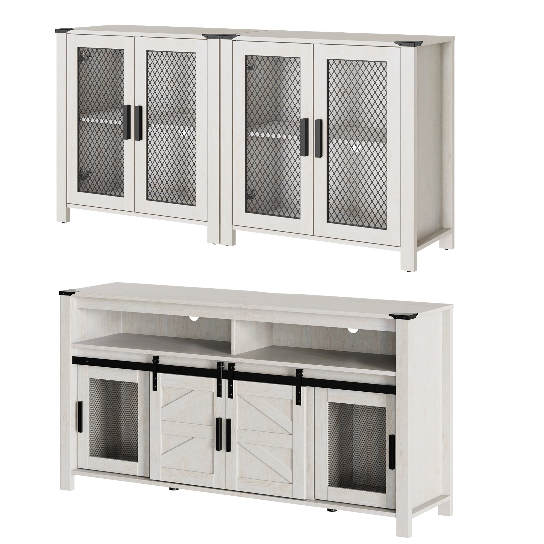 WAMPAT 2 in 1 TV Stand set for ups to 100 inch TV,Farmhouse Entertainment Center with Sliding Barn Door,Media TV Console Table with Adjustable Shelf for Living Room Bedroom，Antique White