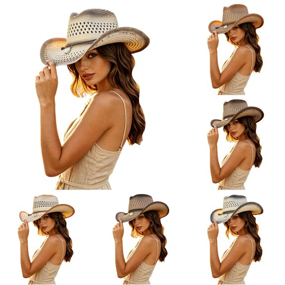 SGMVNU Straw Cowgirl Hat for Women Western Cowboy Sun Hats for Men Shapeable Wide Brim Beach Sun Hats Classic Cattleman Style, One Size, White 2