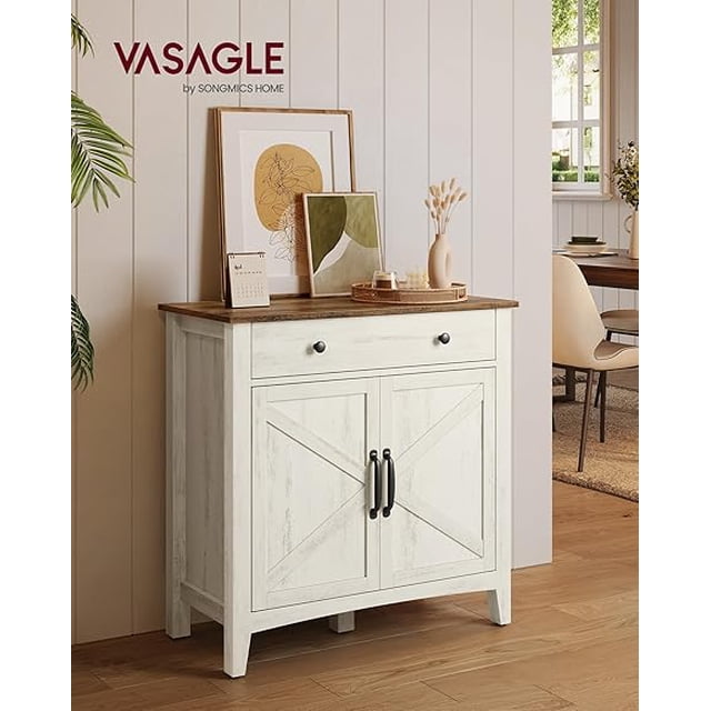 VASAGLE Aparador, Armario de Almacenaje con Cajón, con Puertas y Estante Ajustable, 40 x 80 x 80 cm, Blanco Rústico y Marrón Miel