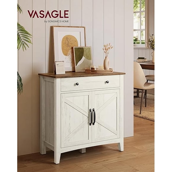 VASAGLE Aparador, Armario de Almacenaje con Cajón, con Puertas y Estante Ajustable, 40 x 80 x 80 cm, Blanco Rústico y Marrón Miel