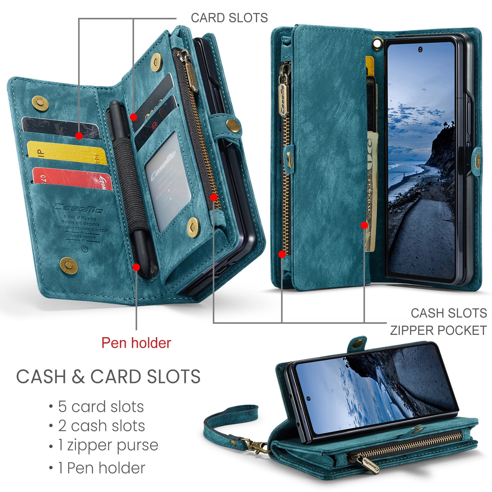 Feishell Durable 2- In-1 Magnetic Detachable Wallet Case for Samsung Galaxy Z Fold 7,for Women Men,Premium PU Leather Zipper Pocket Flip Multi Card Slots Purse Phone Case with Wrist Strap,Green